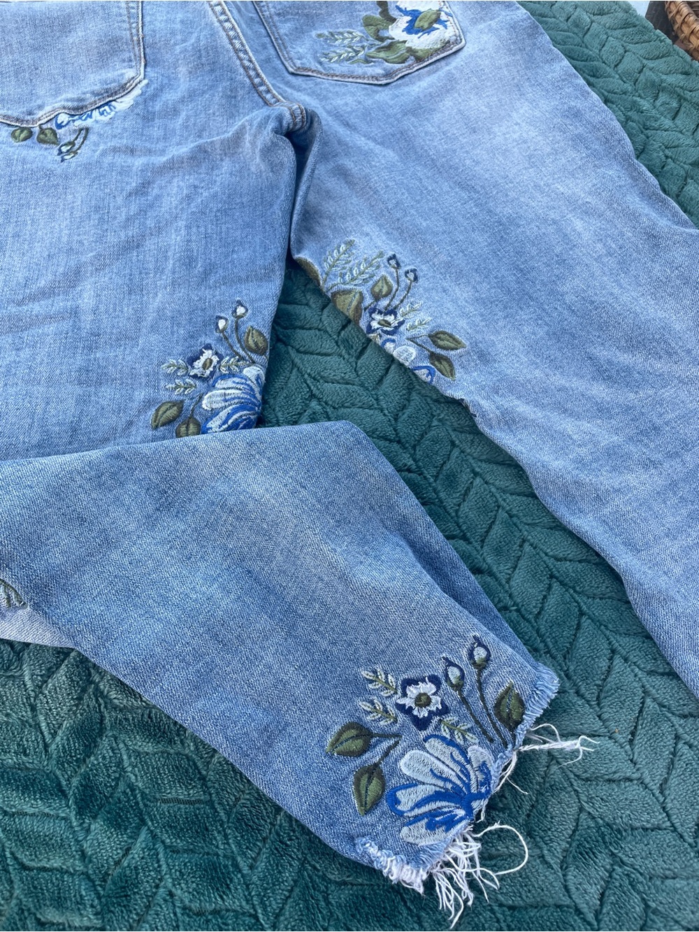 Blank NYC Light Blue Straight Leg Jeans with Blue & Green Floral Embroidery - Picture 4 of 8